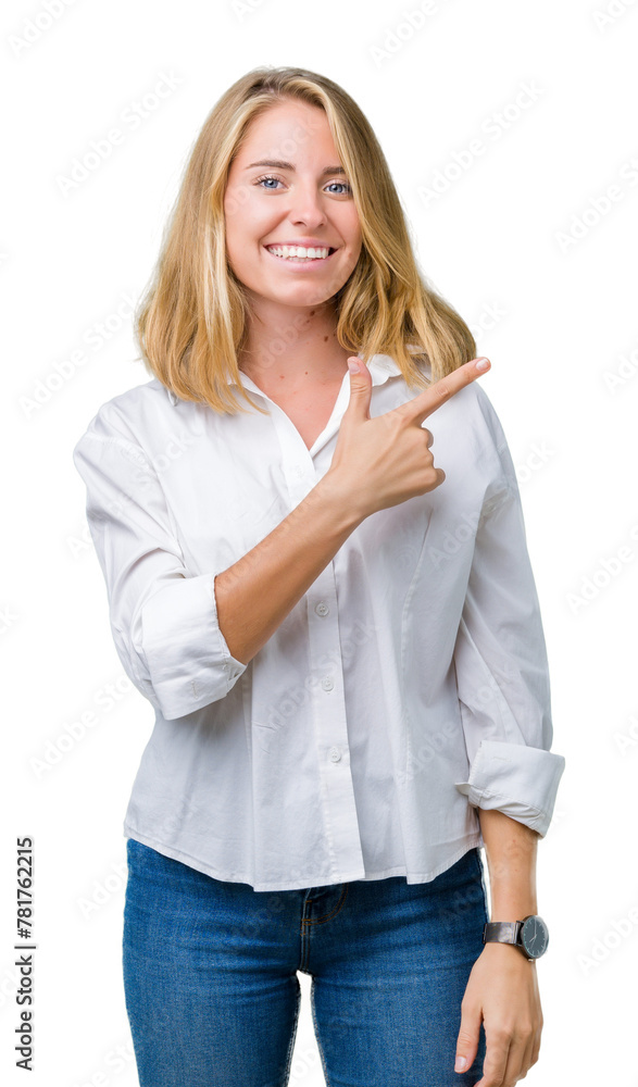 Beautiful young business woman over isolated background cheerful with a smile of face pointing with hand and finger up to the side with happy and natural expression on face Beautiful young business woman over isolated background cheerful with a smile of face pointing with hand and finger up to the side with happy and natural expression on face