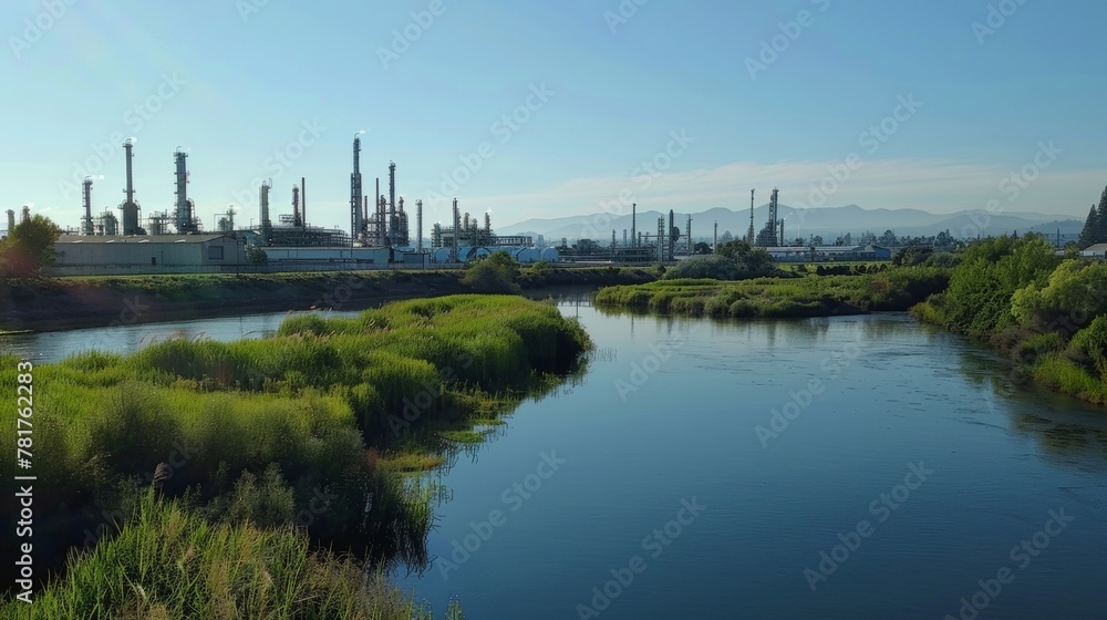 A river next to the refinery runs crystal clear thanks to the advanced filtration systems in place that prevent any pollutants from being released into the waters. .
