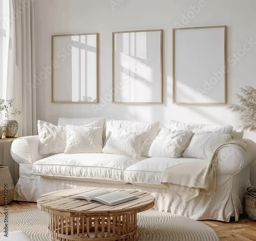 Mockup frame set in farmhouse living room interior background. Presented in 3D render. Made with generative AI technology