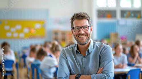 Smiling male teacher in a class at elementary school with learning students on background.