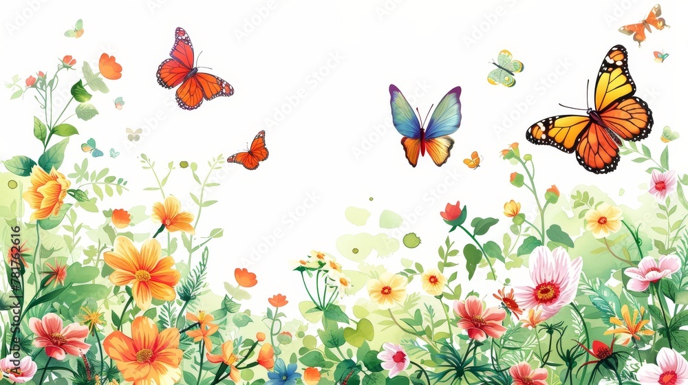 Seasonal Borders: A vector illustration of a border with colorful flowers and butterflies