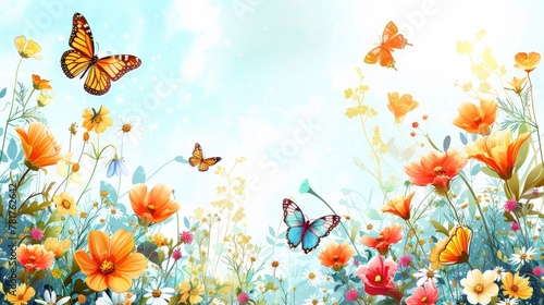 Seasonal Borders: A vector illustration of a border with blooming flowers and butterflies
