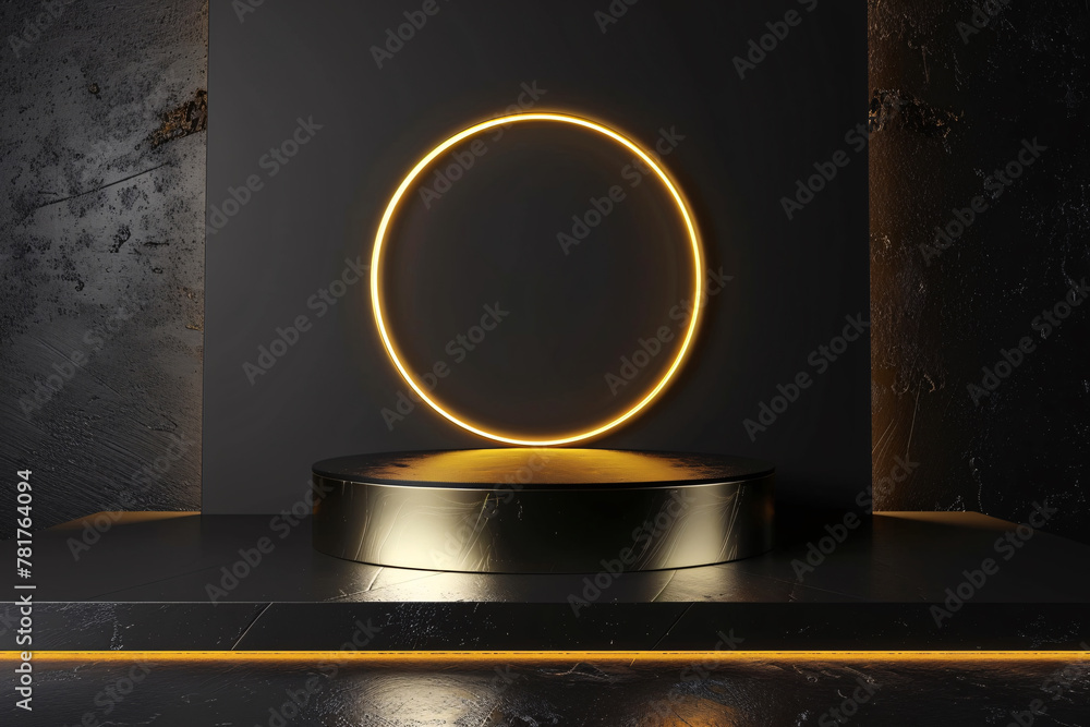 3D rendering black gold style e-commerce product exhibition stand