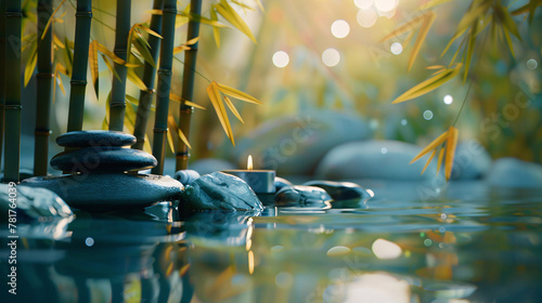 SPA massage black stones stack with aroma candles background, meditation relaxation scene illustration photo