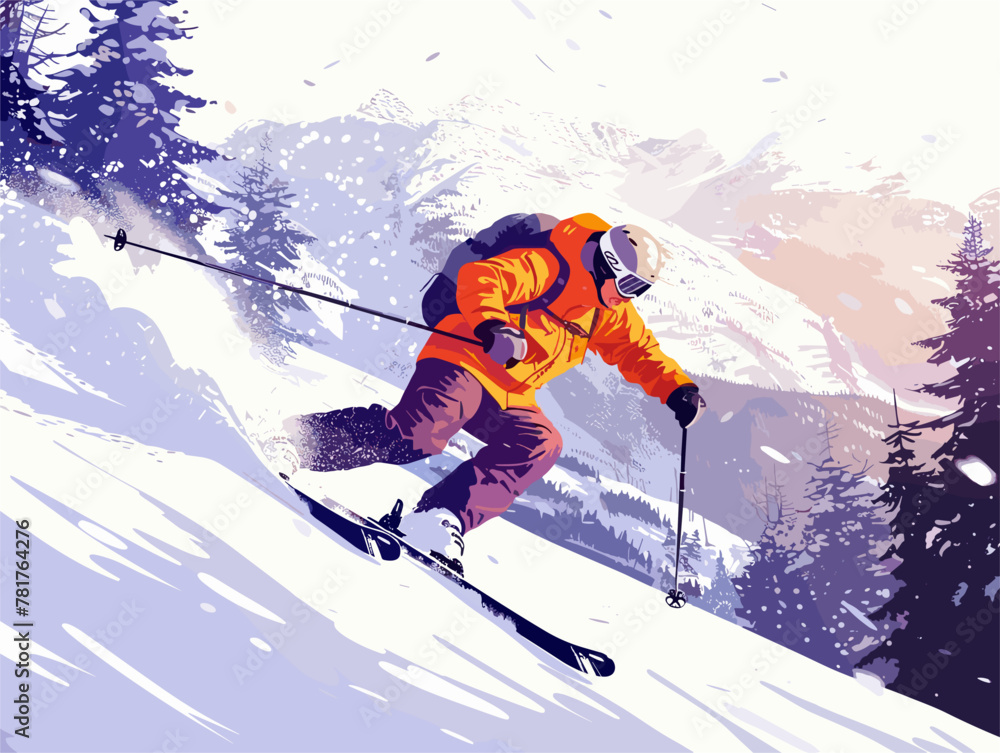 Dynamic Skier Carves Turns: An Animated Adventure Through Winter's Embrace