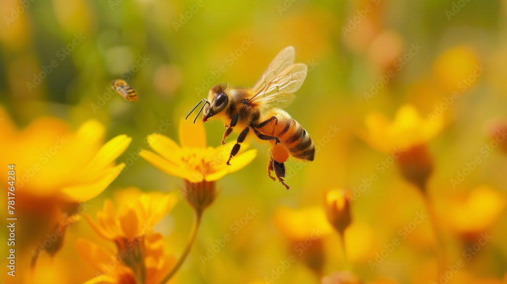 Bee flying over flowers in meadow, close up Bee flying over flowers in meadow, close up