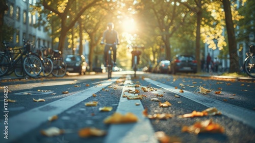 city street with bike lanes and pedestrian walkways, eco-friendly transportation photo