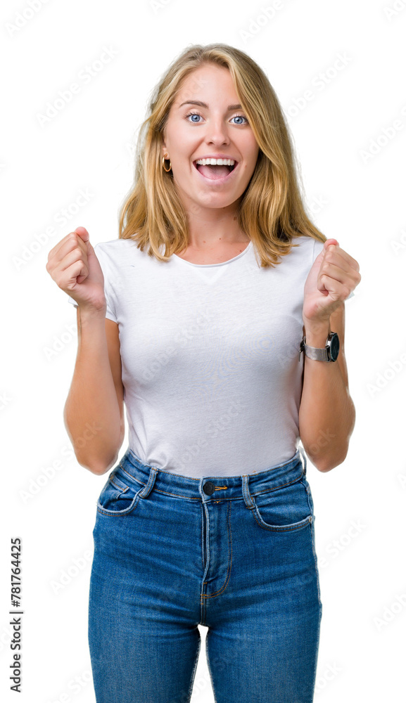 Beautiful young woman wearing casual white t-shirt over isolated background celebrating surprised and amazed for success with arms raised and open eyes. Winner concept. Beautiful young woman wearing casual white t-shirt over isolated background celebrating surprised and amazed for success with arms raised and open eyes. Winner concept.