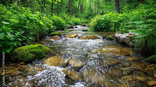 clear mountain stream flowing through lush greenery  natural water