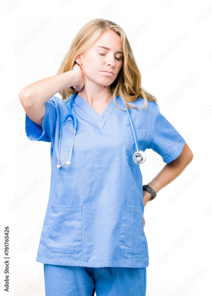 Beautiful young doctor woman wearing medical uniform over isolated background Suffering of neck ache injury, touching neck with hand, muscular pain Beautiful young doctor woman wearing medical uniform over isolated background Suffering of neck ache injury, touching neck with hand, muscular pain