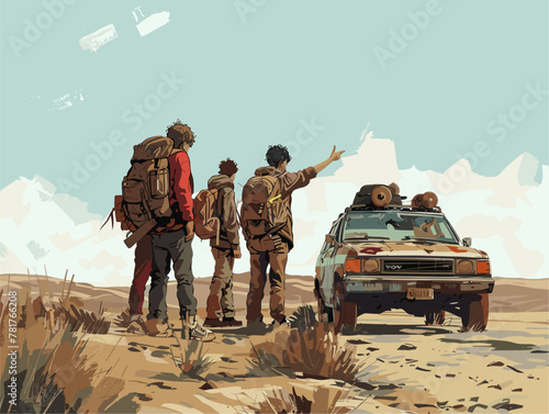 Colorful Hitchhikers Waiting for a Ride on Dusty Road: Journey Ahead