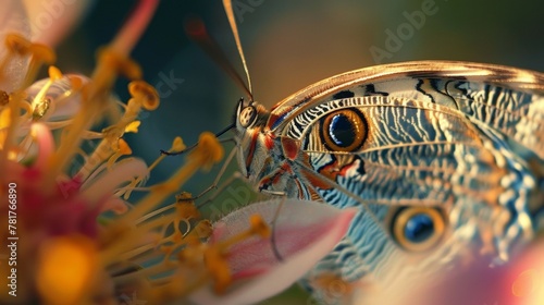The eye captures a striking reflection of a colorful butterfly perched on a flower. .