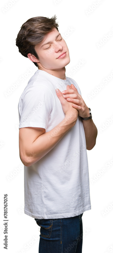 Young handsome man wearing casual white t-shirt over isolated background smiling with hands on chest with closed eyes and grateful gesture on face. Health concept. Young handsome man wearing casual white t-shirt over isolated background smiling with hands on chest with closed eyes and grateful gesture on face. Health concept.