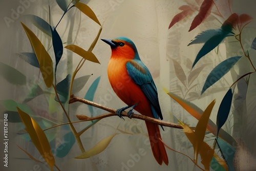 Painting with birds that sit in the leaves, art drawing on a textured background, photo wallpaper as a picture Generative AI © Nadir