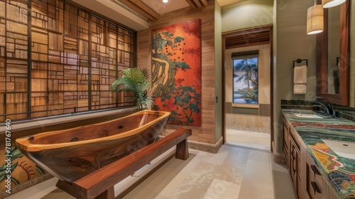 The bathroom features a fusion of Japanese and South American design with a modern spalike feel. A sleek wooden soaking tub is accompanied by Zeninspired decor while colorful textiles .