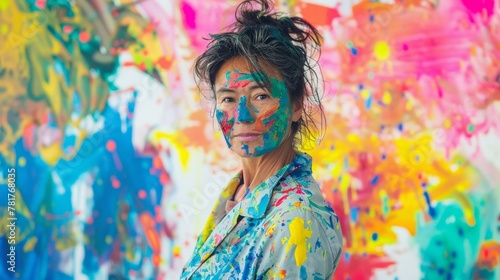 A portrait of a painter their face and clothes splattered with colorful paint proudly standing in front of a gallery wall filled with their vibrant and bold artwork a testament to .