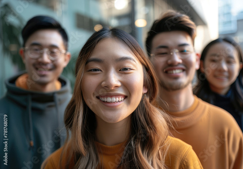 A group of multiethnic friends having fun together in the city, smiling and laughing while standing outdoors with their arms around each other's shoulders