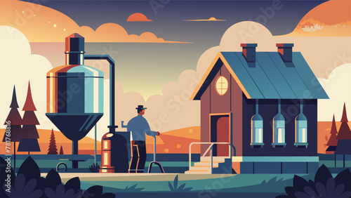 As the sun sets on a picturesque backyard a stainless steel brewing system stands in the center of a neat row of ingredients. The brewer stands