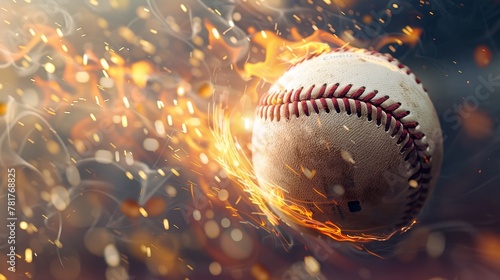 Fiery baseball stadium energy, close-up of a baseball with flames trailing, intense game moment photo