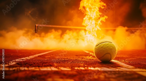 A tennis stadium alight with fire, a lone ball in the spotlight on the court, symbolizing challenge and triumph