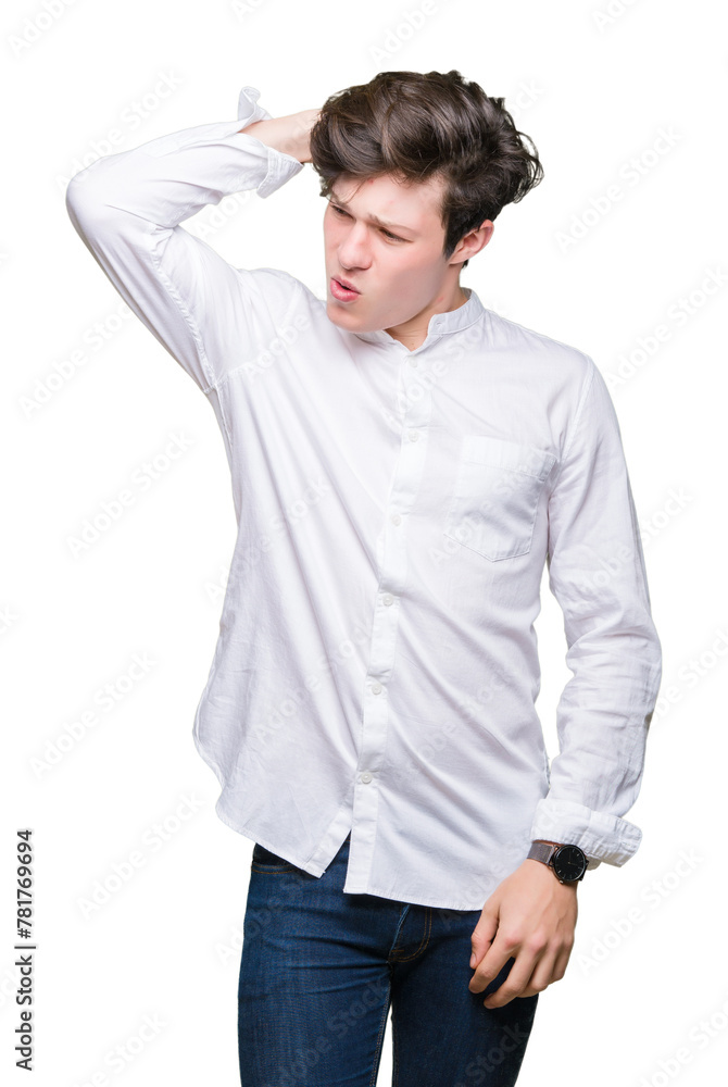 Young handsome business man over isolated background confuse and wonder about question. Uncertain with doubt, thinking with hand on head. Pensive concept. Young handsome business man over isolated background confuse and wonder about question. Uncertain with doubt, thinking with hand on head. Pensive concept.