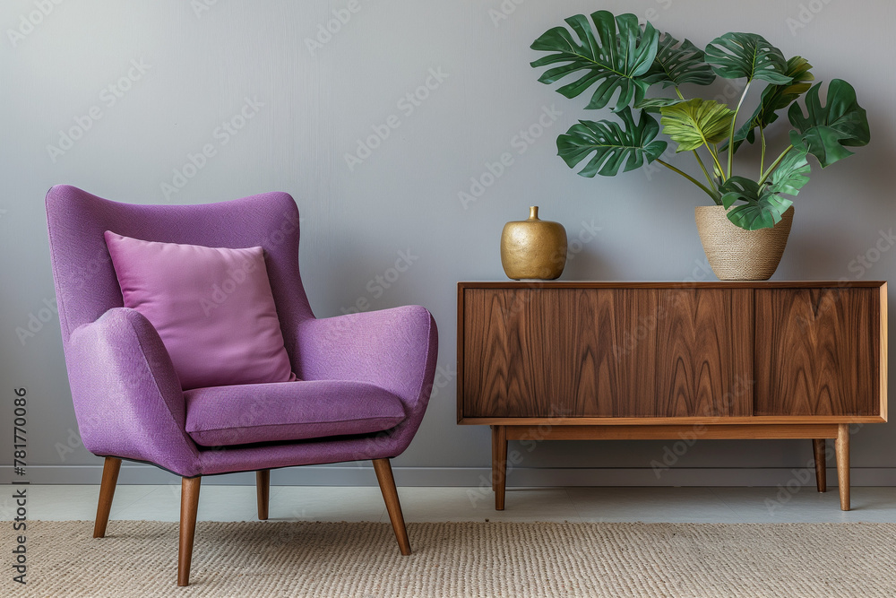 Fototapeta premium Modern Living Room Interior with Violet Armchair and Pink Pillow