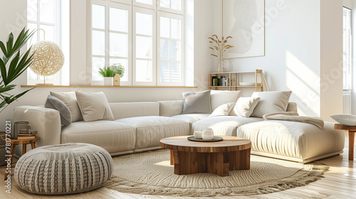 Beige and brown bohemian living room with a large corner sofa  wooden coffee table and comfortable floor cushions. Minimalist home interior design of a modern dining area apartment. Modern living room