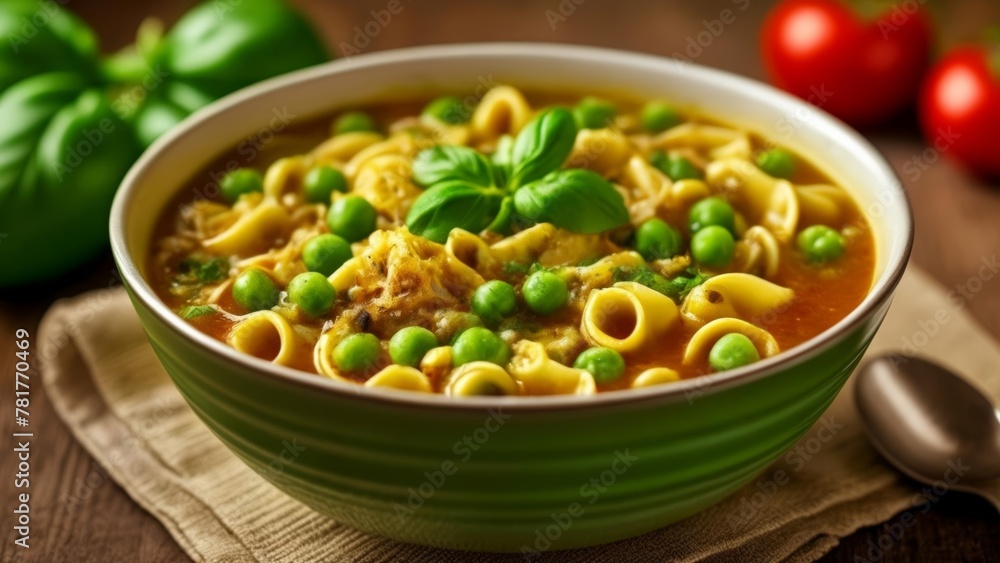 Delicious bowl of pasta with peas and basil ready to be savored Delicious bowl of pasta with peas and basil ready to be savored