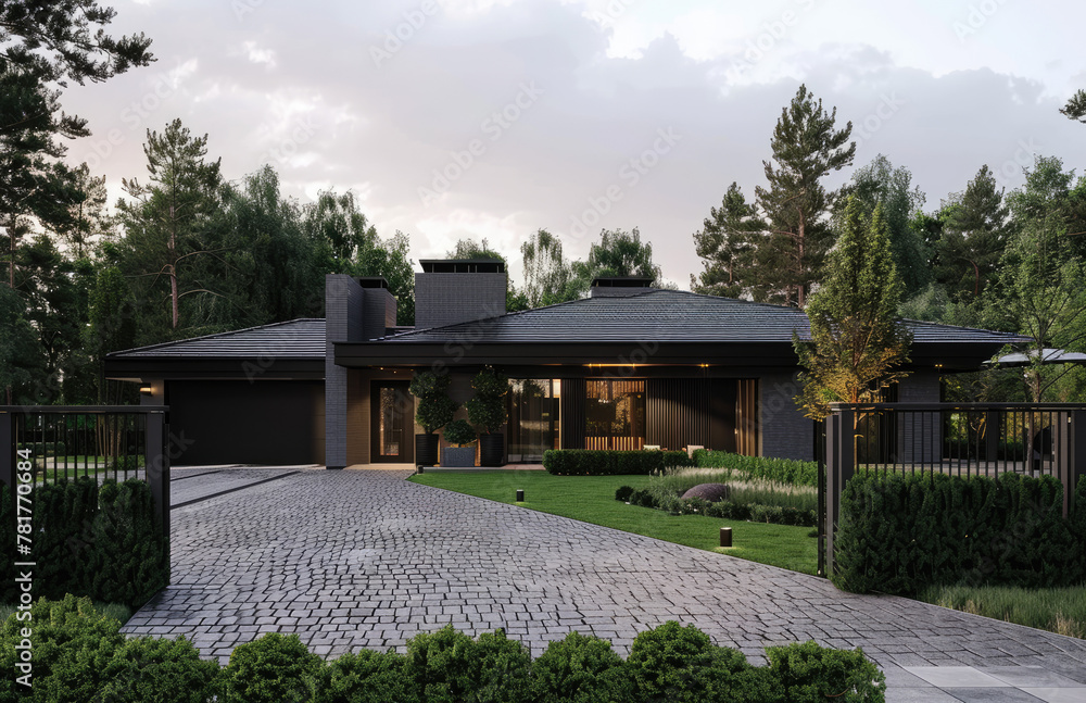 Modern country house with grey gate and fence on the brick pebble stone driveway