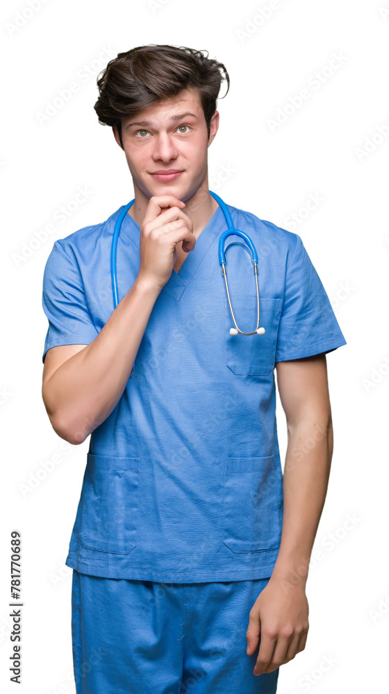 Young doctor wearing medical uniform over isolated background with hand on chin thinking about question, pensive expression. Smiling with thoughtful face. Doubt concept. Young doctor wearing medical uniform over isolated background with hand on chin thinking about question, pensive expression. Smiling with thoughtful face. Doubt concept.