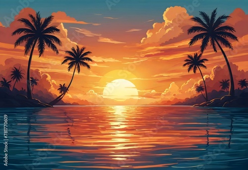 Sea sunset. Evening or morning view of sun above ocean. Panorama with clouds, water surface and palm trees, exotic cartoon vector landscape