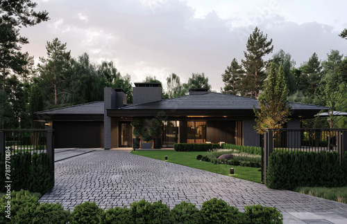 Modern country house with grey gate and fence on the brick pebble stone driveway