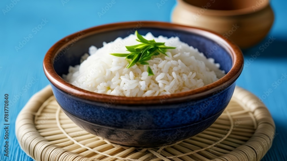 Deliciously simple A bowl of steamed rice garnished with a sprig of fresh parsley Deliciously simple A bowl of steamed rice garnished with a sprig of fresh parsley
