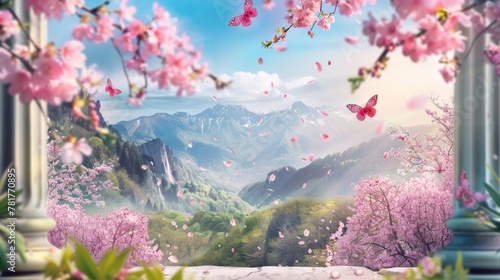 Capture the essence of spring with this stunning Cherry Blossom Paradise podium featuring a picturesque scene of blooming trees fluttering . .