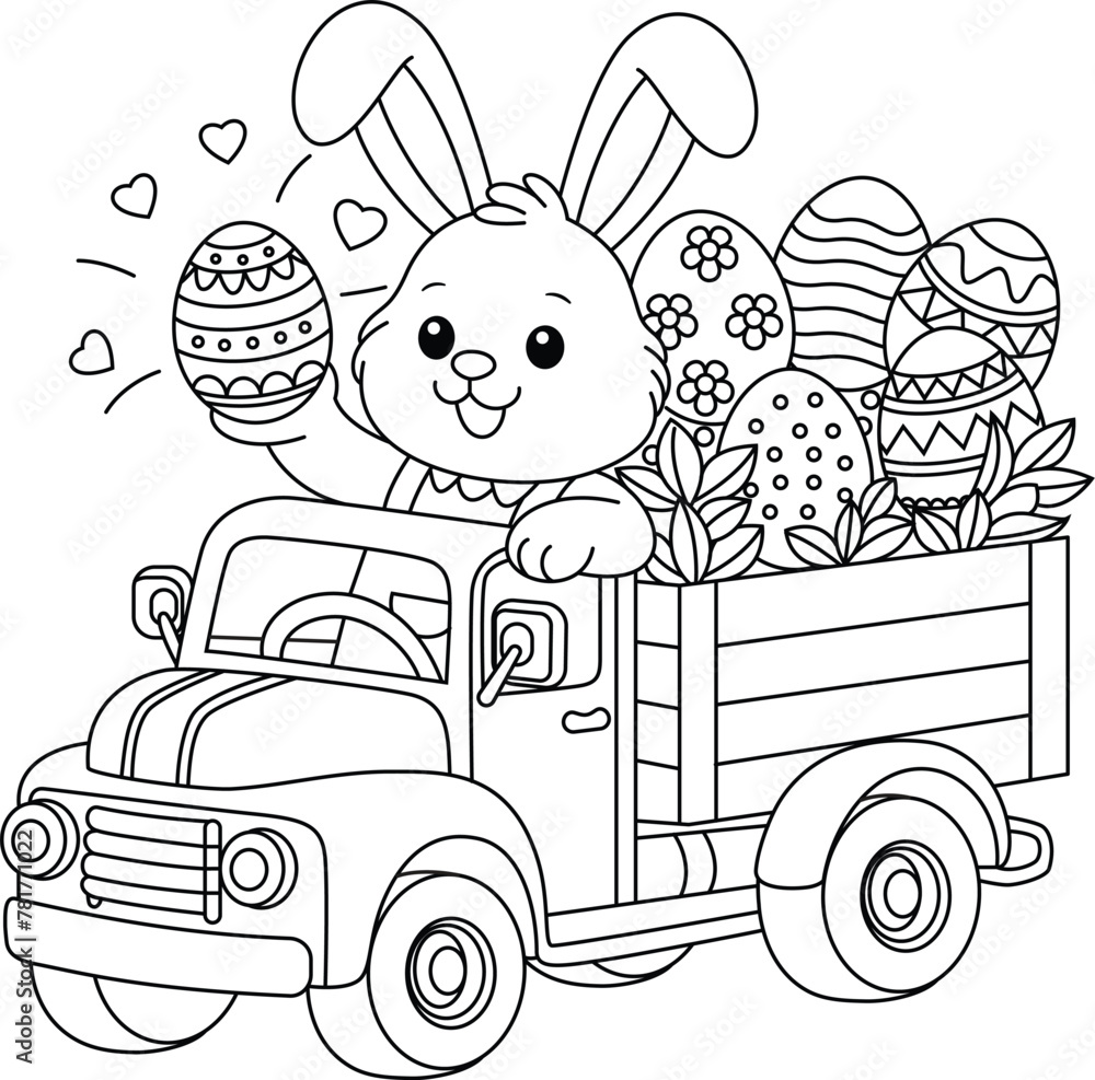 Easter bunny rides a truck with Easter eggs coloring page. Easter coloring page for kids