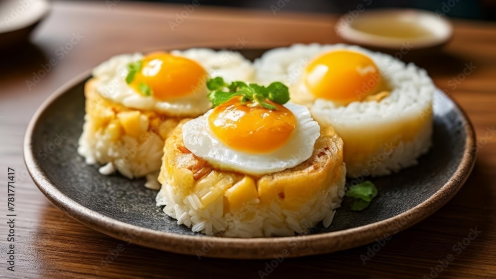 Deliciously crafted sushi rolls with sunnysideup eggs on top Deliciously crafted sushi rolls with sunnysideup eggs on top