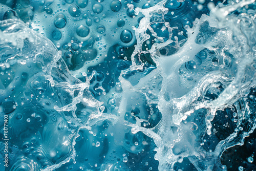 Water splash in the air on light blue background, abstract water concept