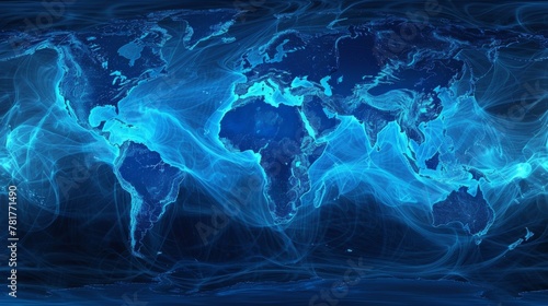 Blue world map displayed, showcasing continents, oceans, and countries in various shades of blue.