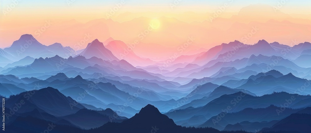A mountain range with a sun in the sky.