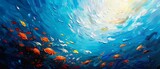 Oil painted abstract of ocean life with marine creatures, palette knife style, on a vivid canvas, highlighted by dramatic lighting and rich highlights