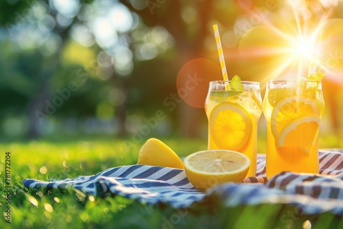 Two glasses of lemonade with a slice of lemon in each. The glasses are on a blanket in the grass