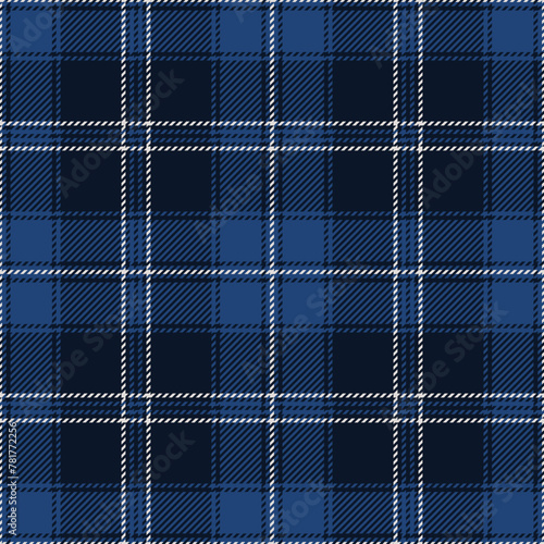 Dark navy blue and white tartan plaid pattern. Vector seamless check pattern for plaid fabric, flannel shirt, blanket, clothes, skirt, tablecloth, textile.