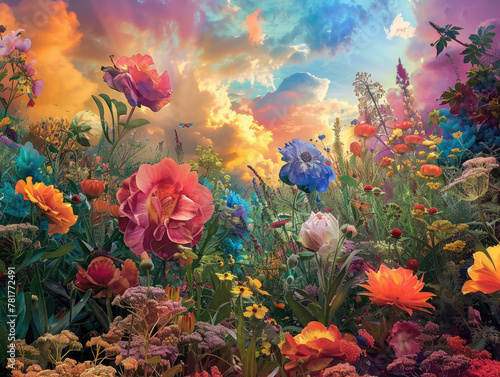 Enchanting Flower Garden Under Vibrant Rainbow