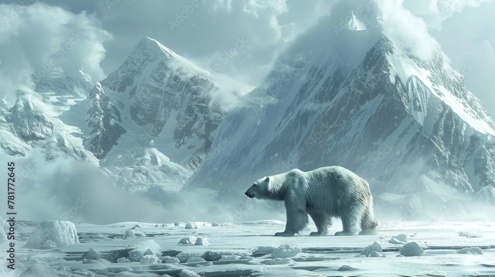 A lone polar bear traversing Greenland's frozen landscape, a powerful symbol of the Arctic's wildlife. - obrazy, fototapety, plakaty 