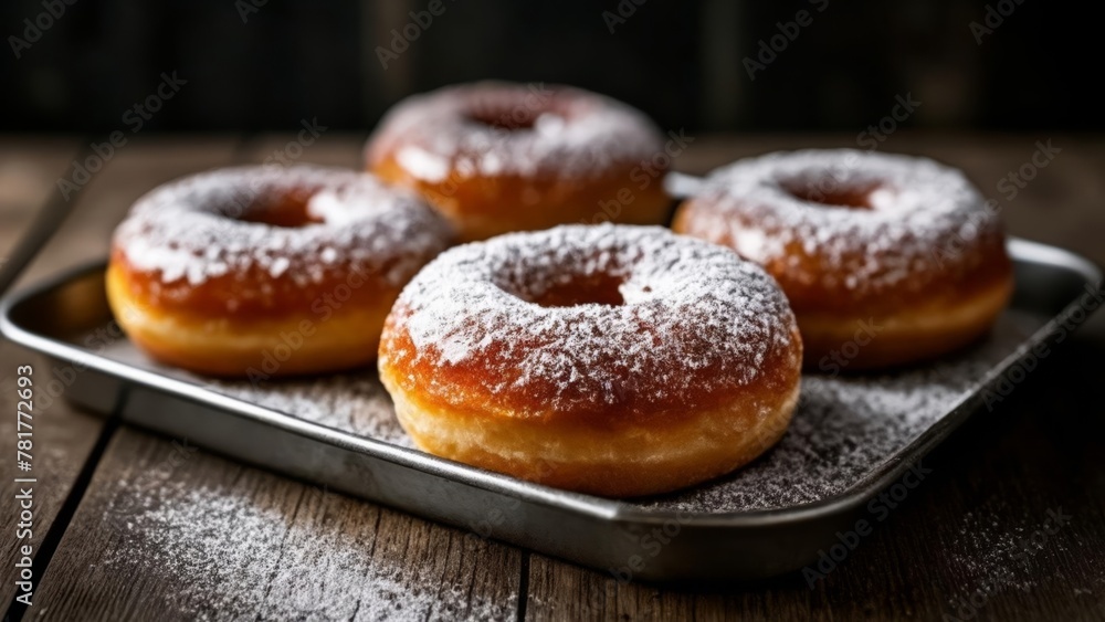  Sweet indulgence  Powdered sugar donuts on a rustic tray