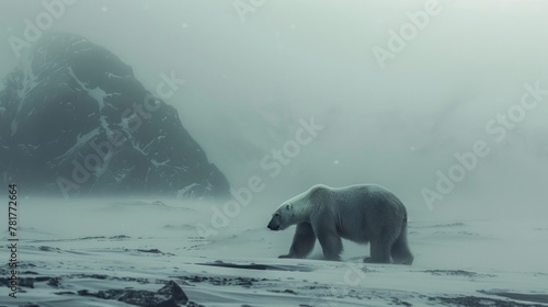 A lone polar bear traversing Greenland's frozen landscape, a powerful symbol of the Arctic's wildlife. © 2D_Jungle