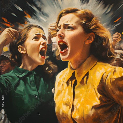 Protest women shouting slogans in drawn style opposes racial or gender discrimination, make stop gesture, sign of protest, female against domestic violence, abortion, bullying school, say no concept photo