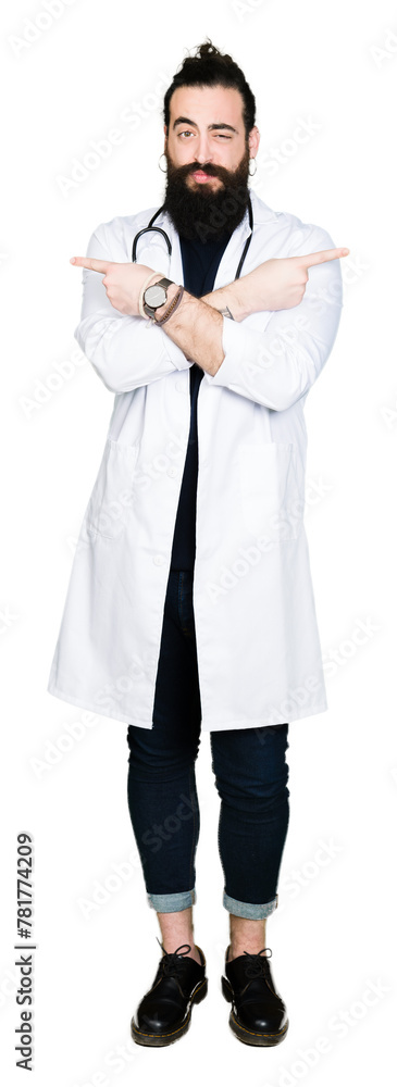Doctor with long hair wearing medical coat and stethoscope Pointing to both sides with fingers, different direction disagree Doctor with long hair wearing medical coat and stethoscope Pointing to both sides with fingers, different direction disagree