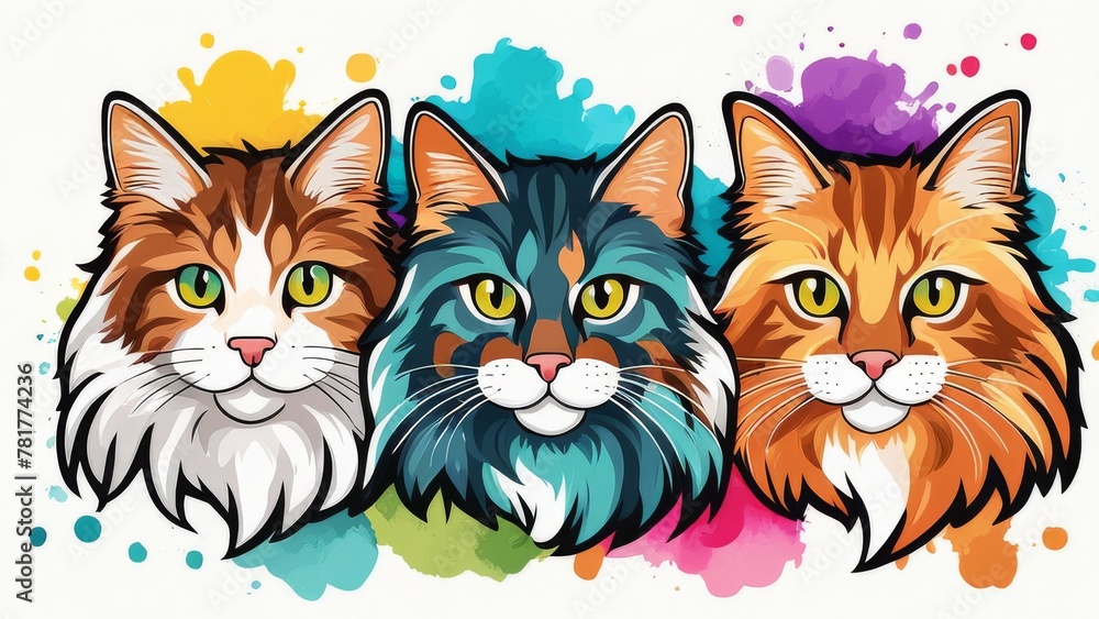 Sticker watercolor illustration. Three pet cats looking at you.  
