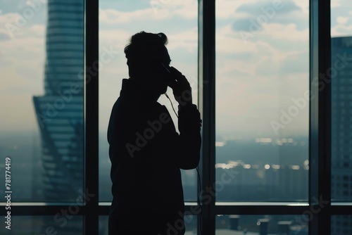 Silhouette of a businessman man in a modern office on the background of the window, a man talking on the phone, Generative AI